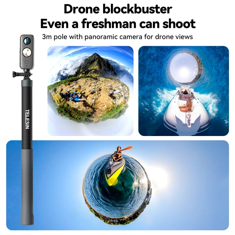 TELESIN 3M Carbon Fiber Selfie Stick Monopod With 1/4 Screw For Action Camera, 3m