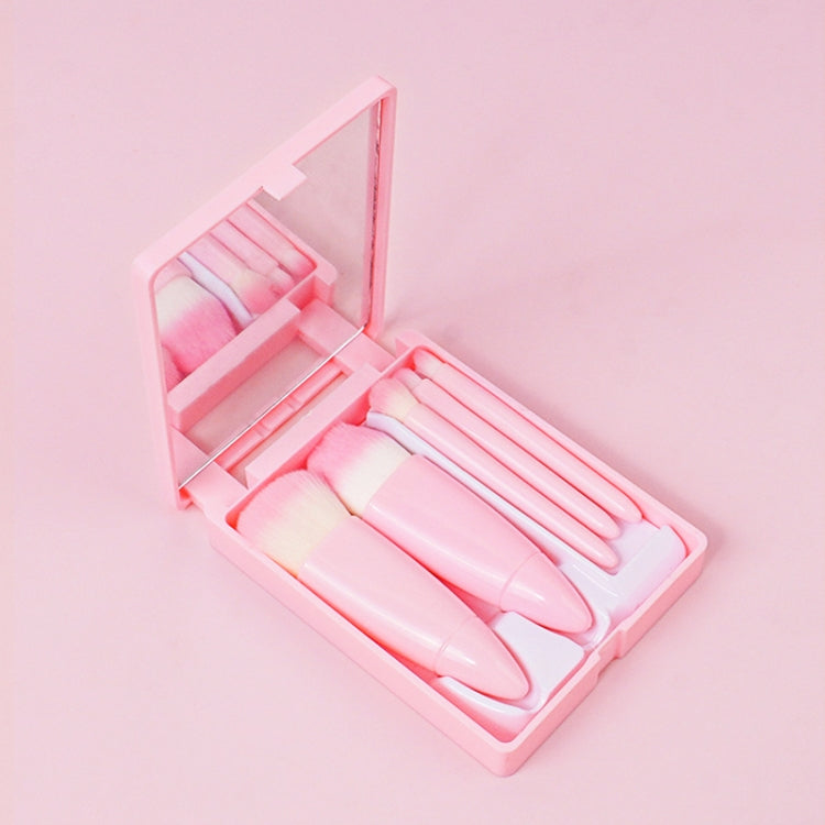 5pcs/Set Medium Portable Makeup Brush Set With Mirror Mini Multifunctional Makeup Brush, Brown, Rose Red, Pink, Fluorescent Green