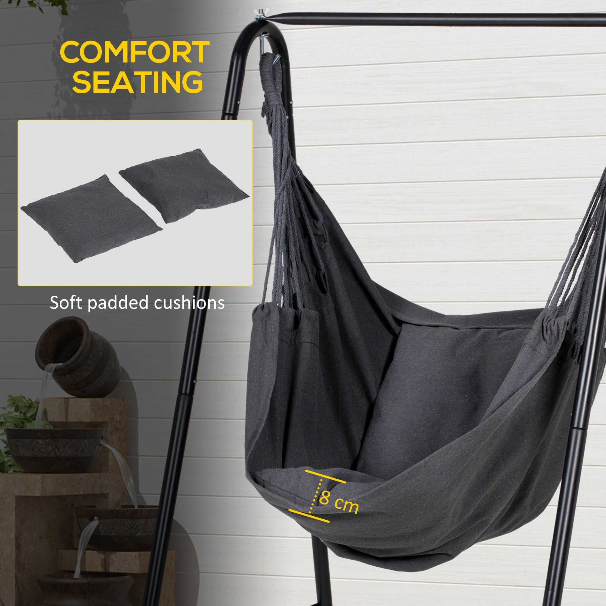 Outsunny Patio Hammock Chair w/ Stand, Hanging Chair w/ Cushion, Armrest, Grey