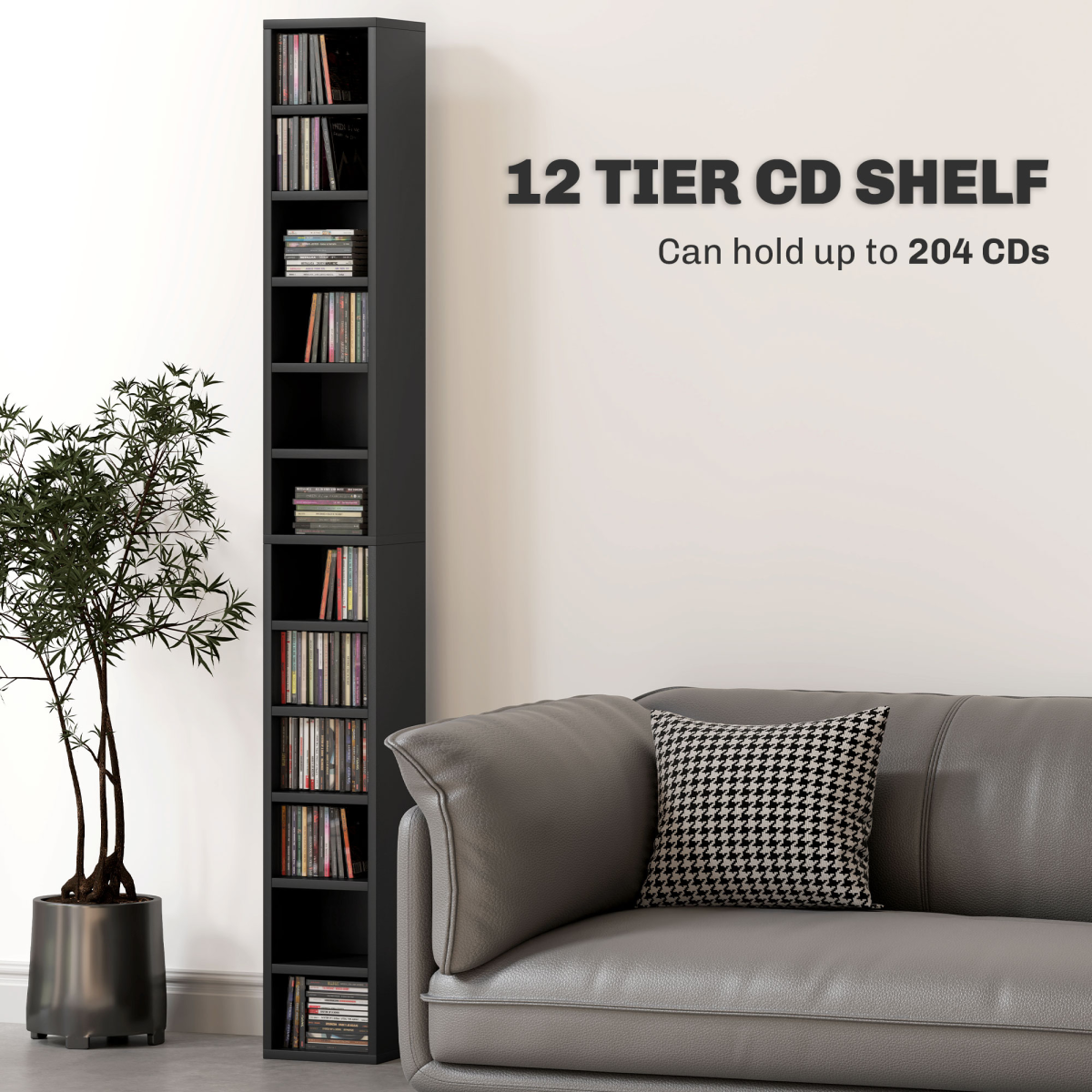 HOMCOM 204 CD Storage Tower Tall Bookcase Bookshelf with 12 Cubes