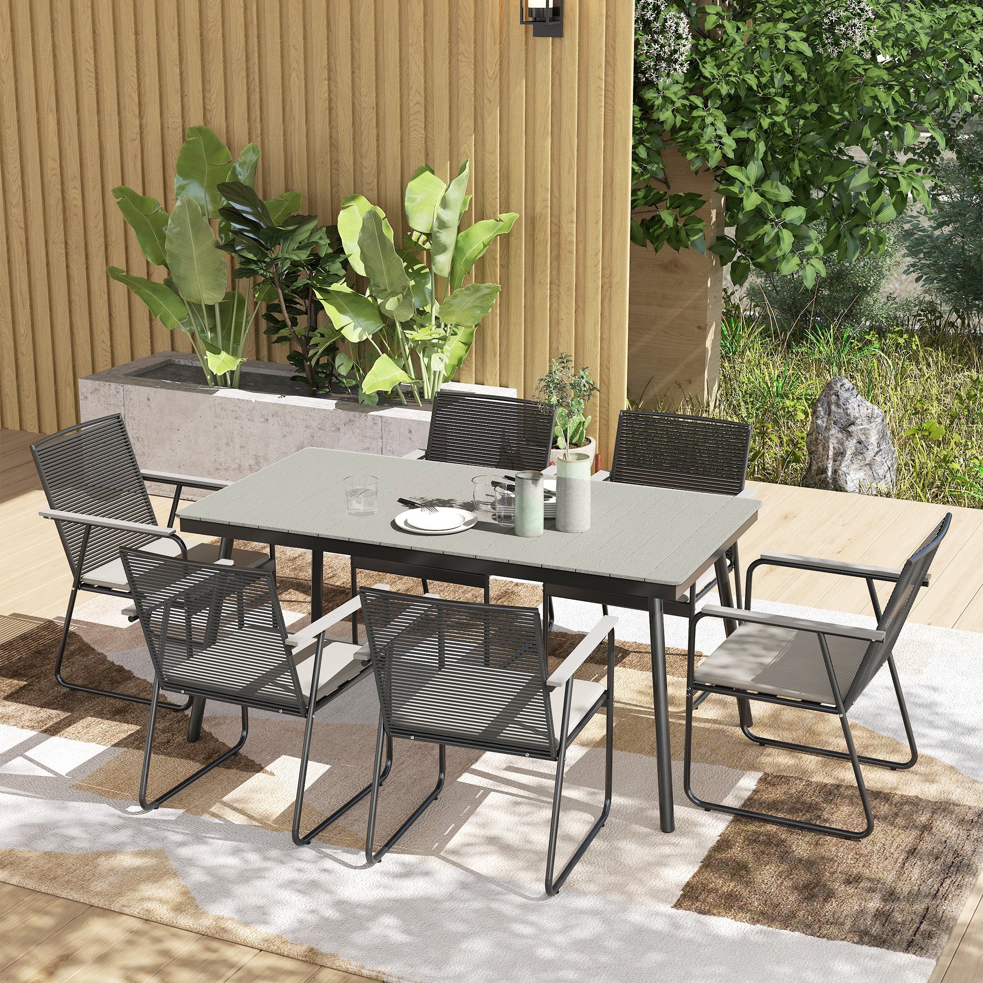 Outsunny 6 Seater Garden Dining Set with Cushions Rattan Backrest