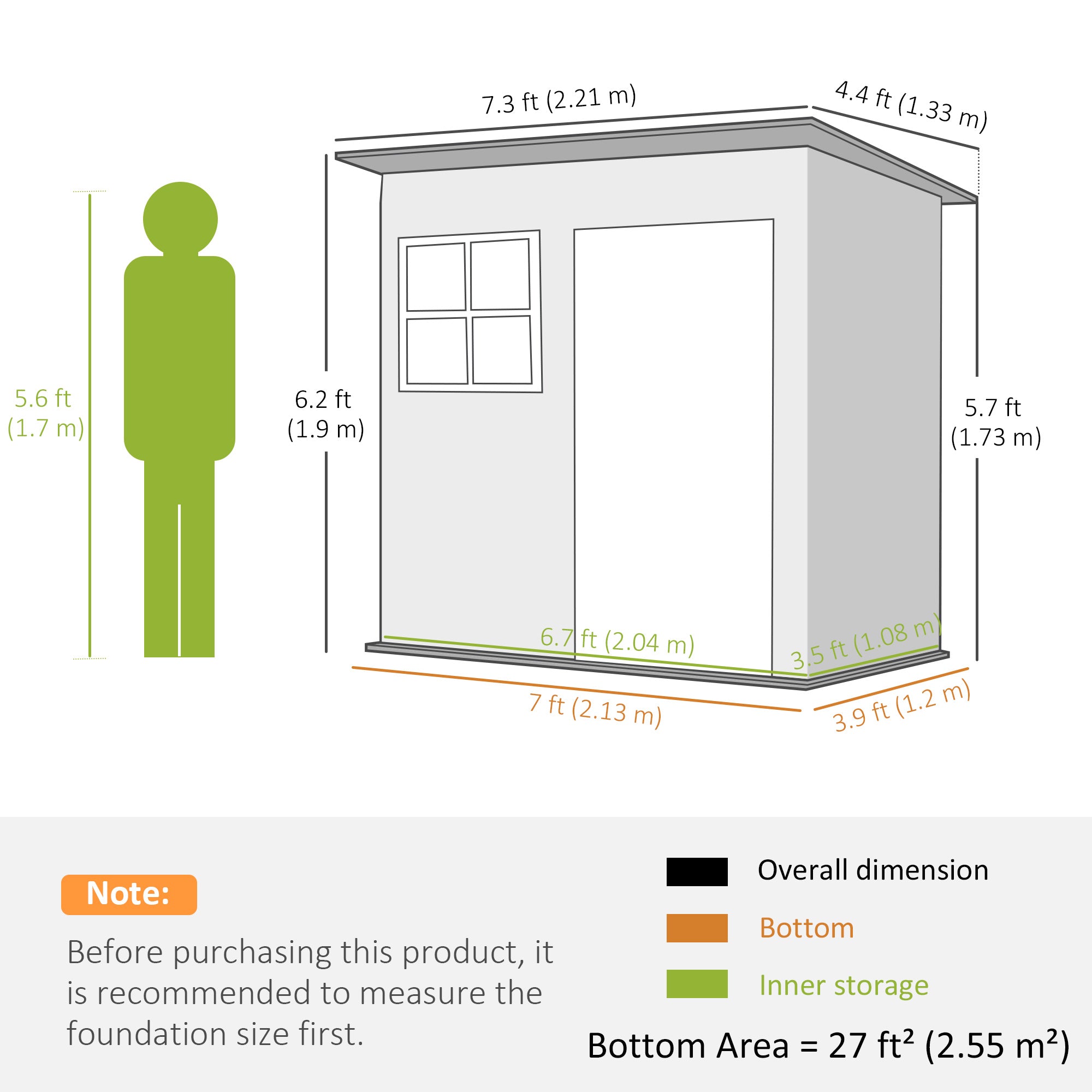 Outsunny 7 x 4ft Galvanised Steel Garden Shed with Foundation Kit