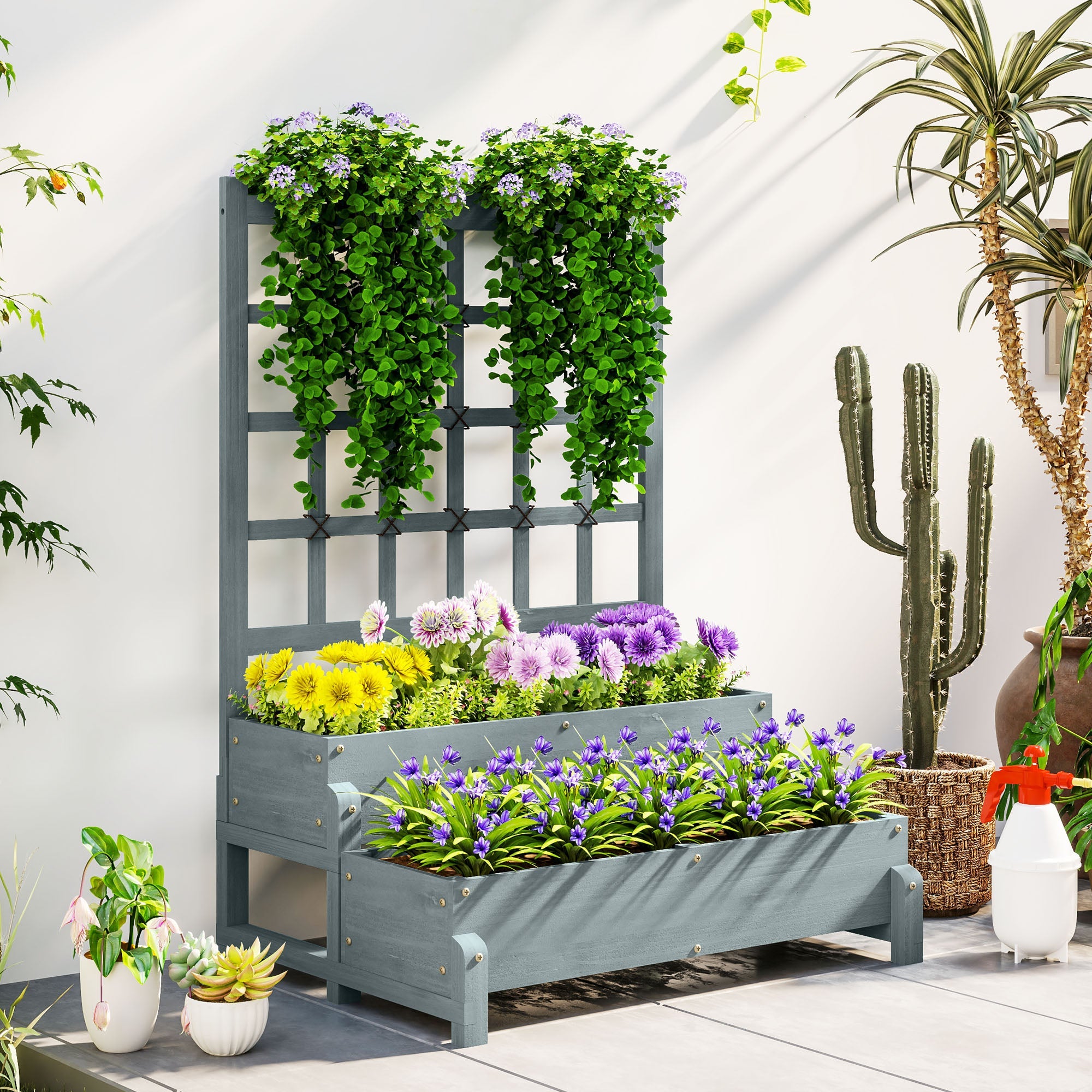 Outsunny 2-Tier Wooden Raised Bed with Trellis and Drainage Holes