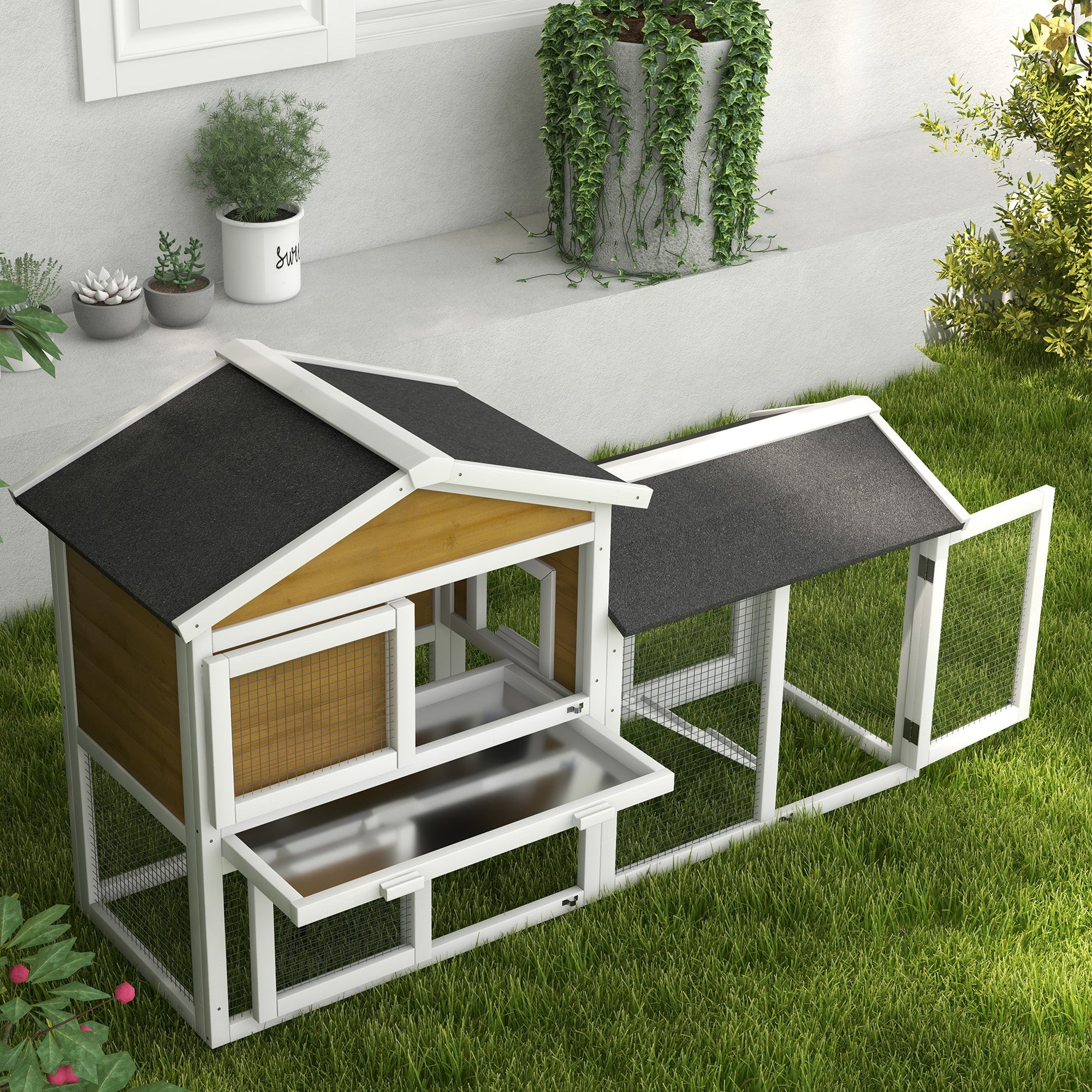 Pawhut 2-Tier Wooden Rabbit Bunny Guinea Pig Hutch Small Pet House Ramp