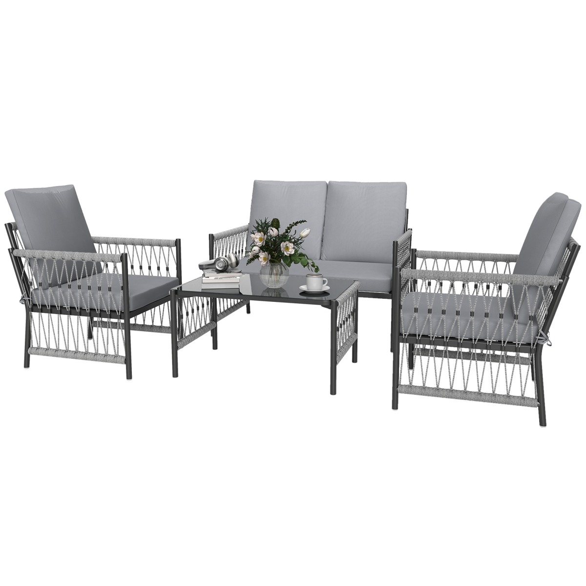 Outsunny 4 Seater Rattan Garden Sofa Set with Glass Top Coffee Table