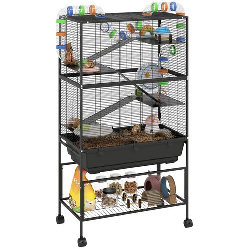 PawHut Hamster Cage, 3 Tier Gerbil Cage on Wheels with Storage Shelf