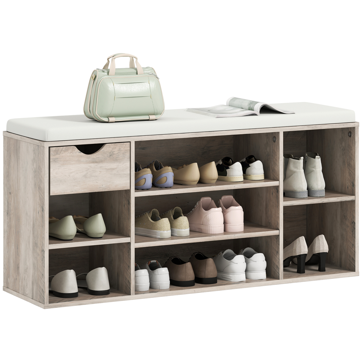 HOMCOM Shoe Storage Cabinet Bench w/ Cushion Adjustable Shelves