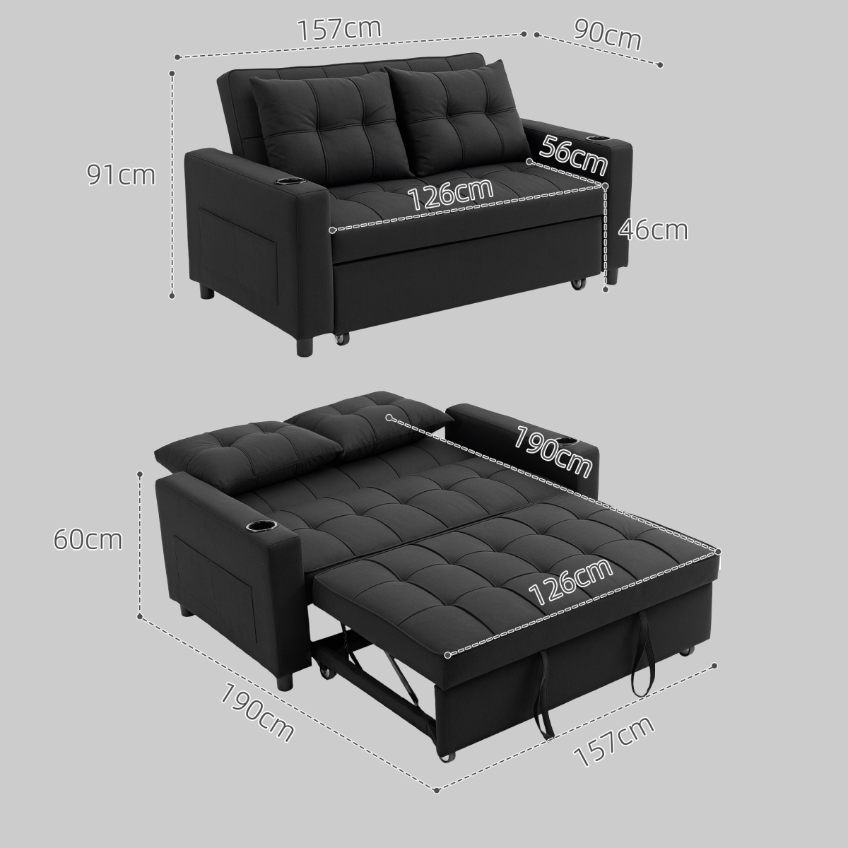 HOMCOM 2 Seater Pull Out Sofa Bed with Pockets for Living Room Beige