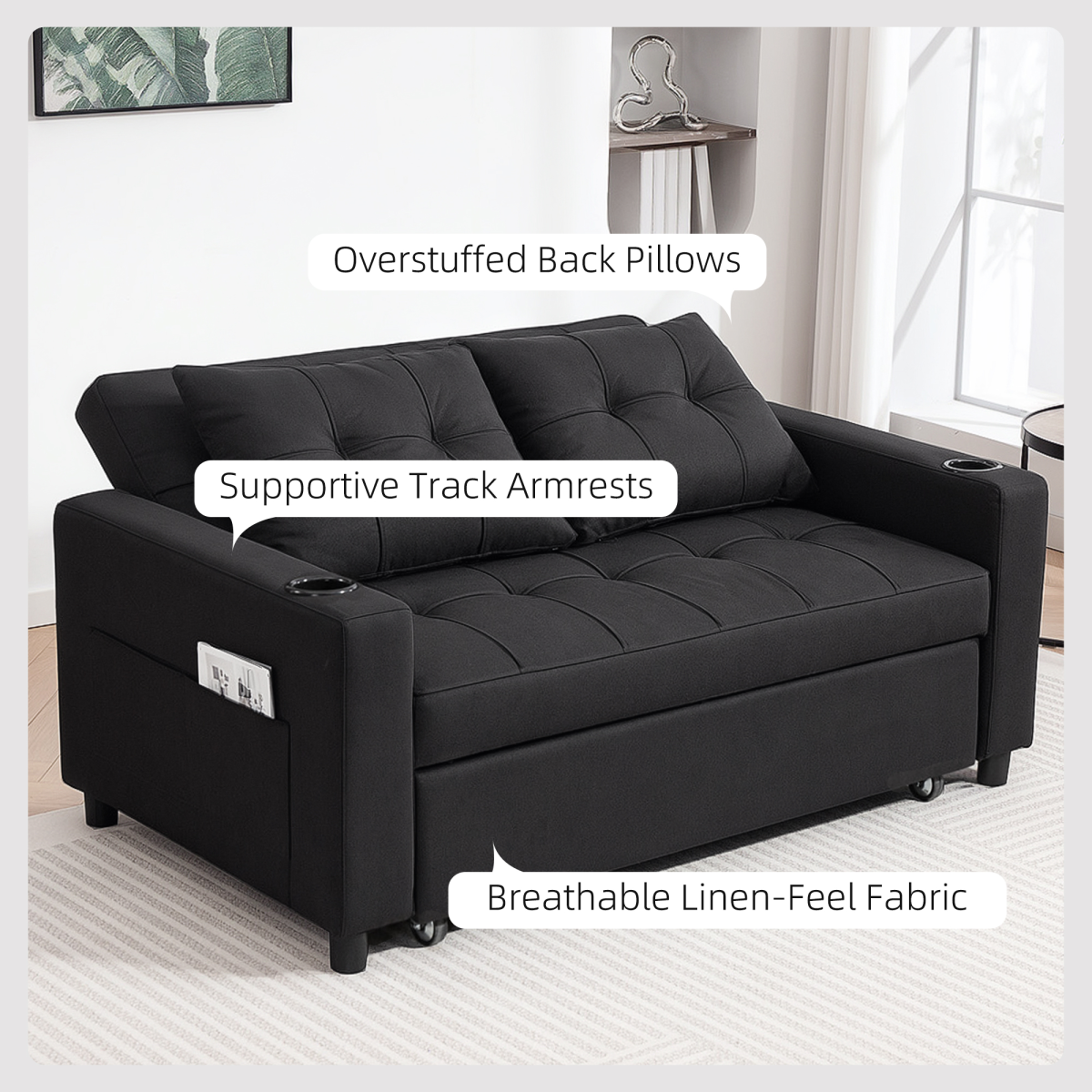 HOMCOM 2 Seater Pull Out Sofa Bed with Pockets for Living Room Beige