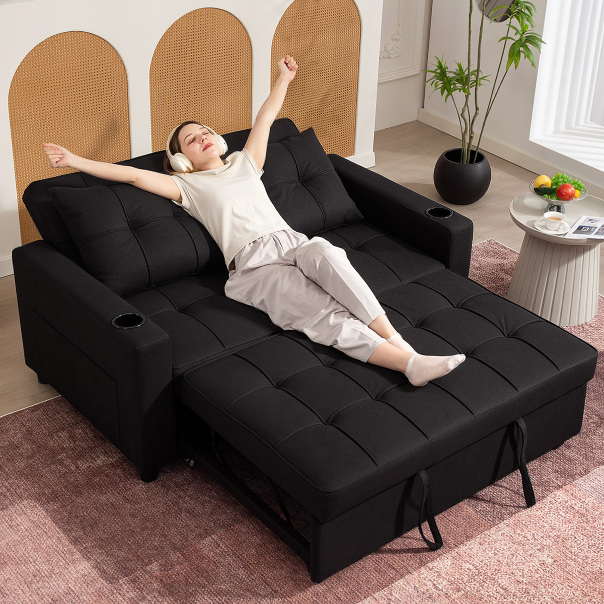 HOMCOM 2 Seater Pull Out Sofa Bed with Pockets for Living Room Beige