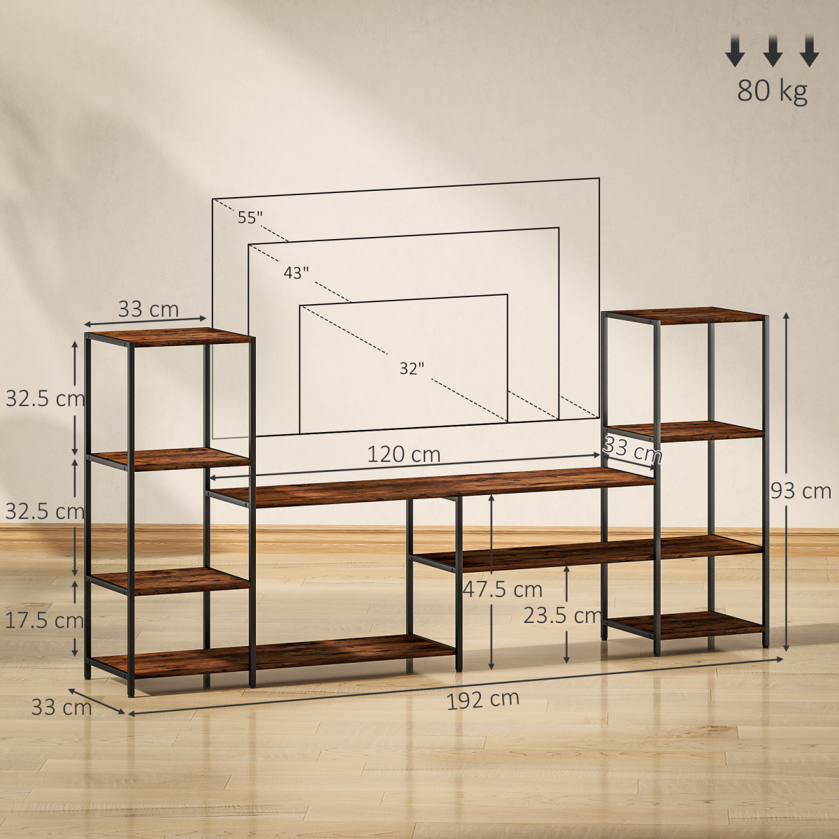 HOMCOM TV Unit for TVs up to 60 Inches, Industrial TV Stand with Shelves