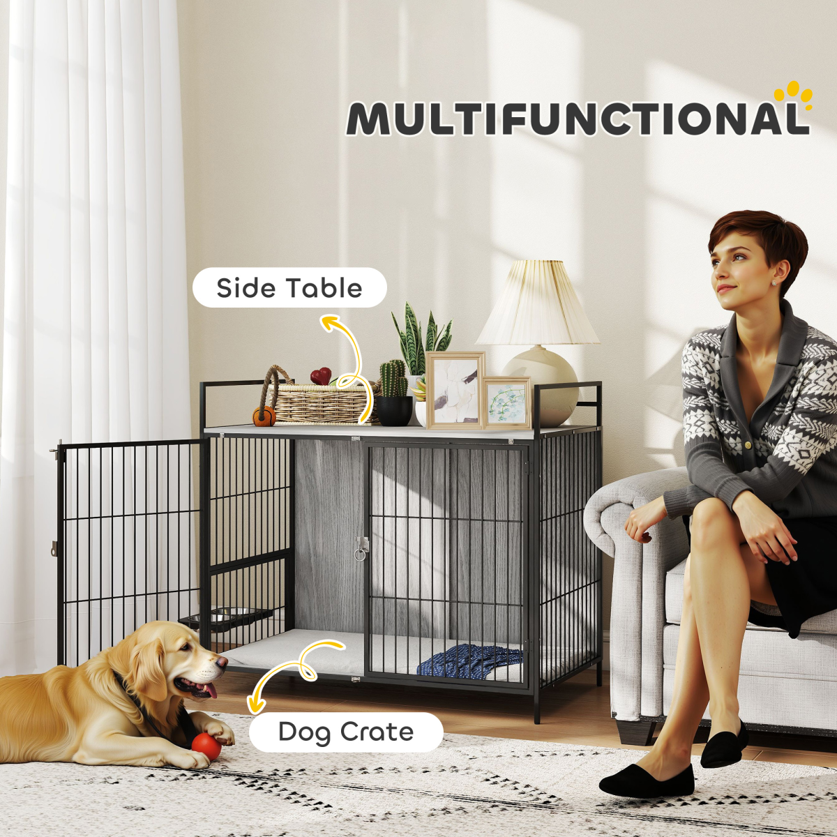 PawHut Dog Crate Furniture with Rotating Bowl Holder for Large Dogs