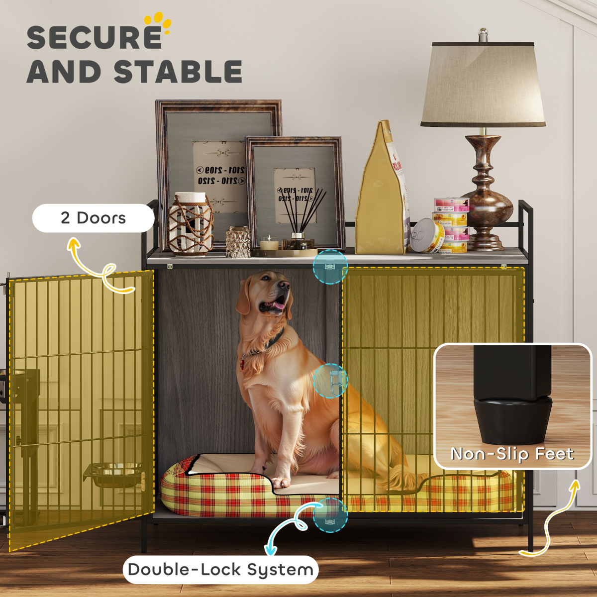 PawHut Dog Crate Furniture with Rotating Bowl Holder for Large Dogs