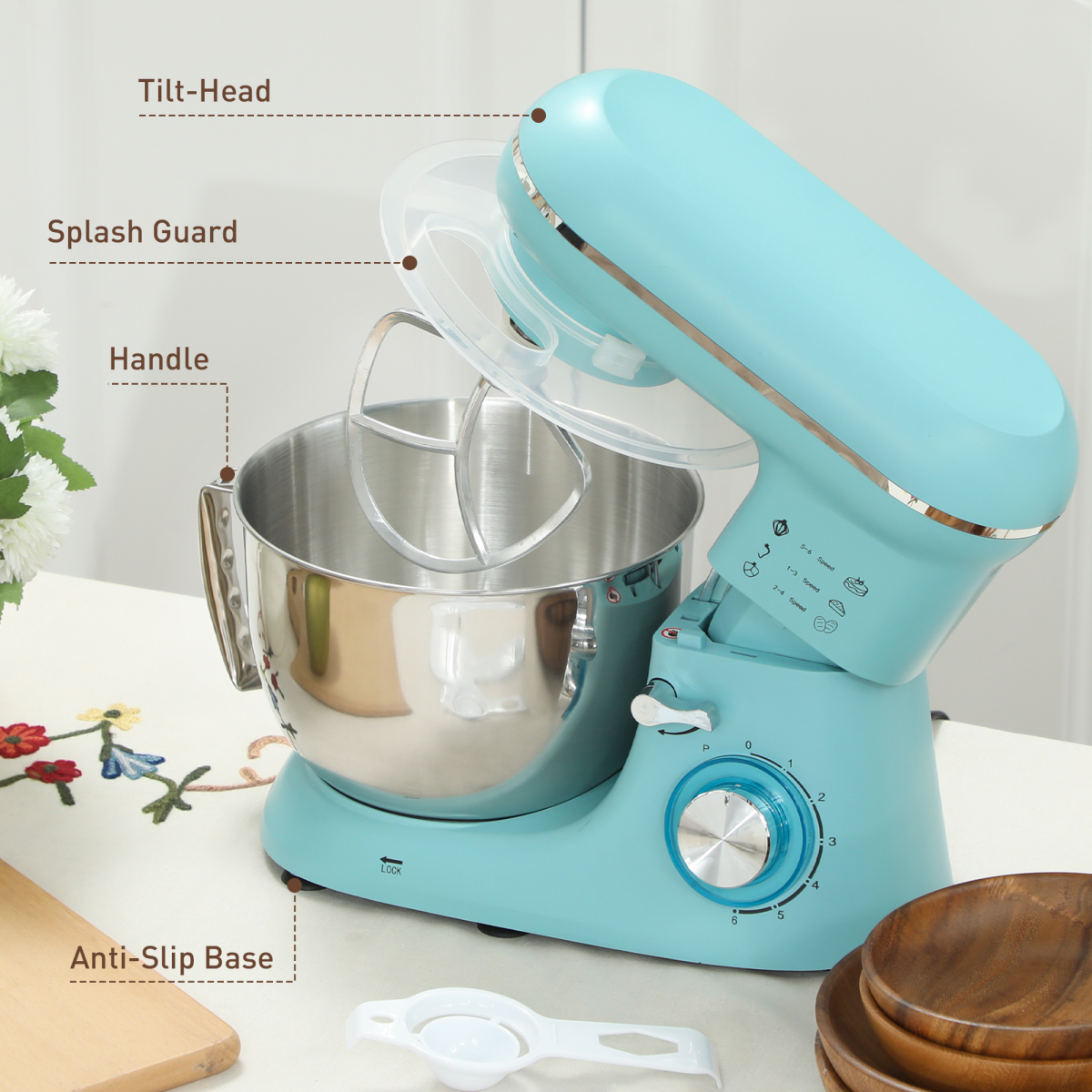 HOMCOM Electric Stand Mixer, 4.5L Food Mixer with Dough Hook, Whisk, Beige