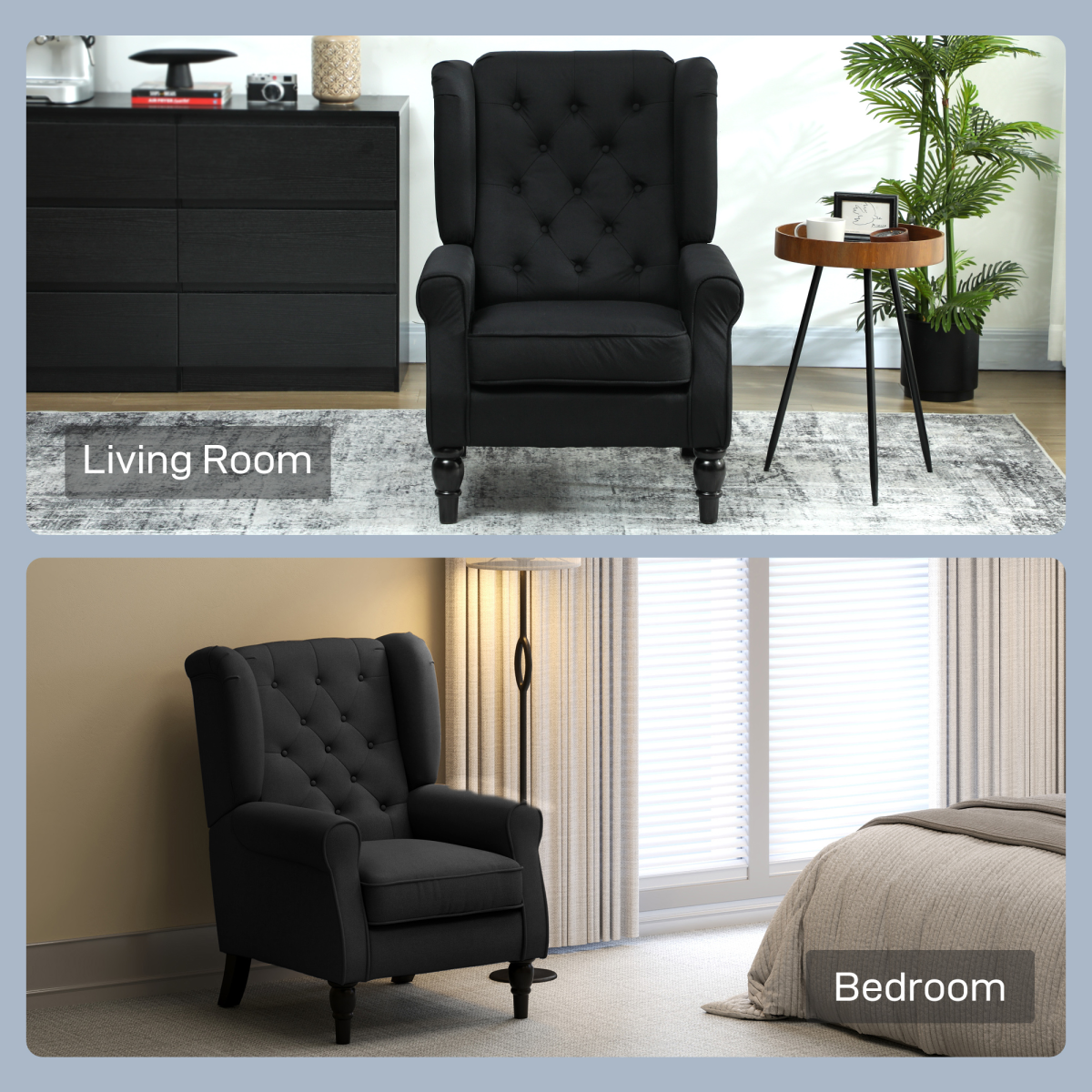 HOMCOM Accent Chair Wingback Armchair Retro Tufted Club Wood Fabric, Black