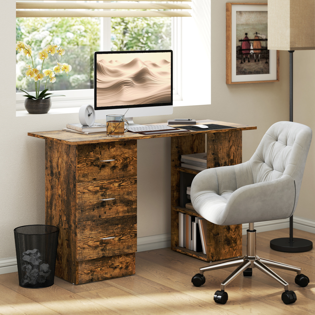 HOMCOM 120cm Computer Desk, Study Table with 3 Shelf & Drawers, Grey