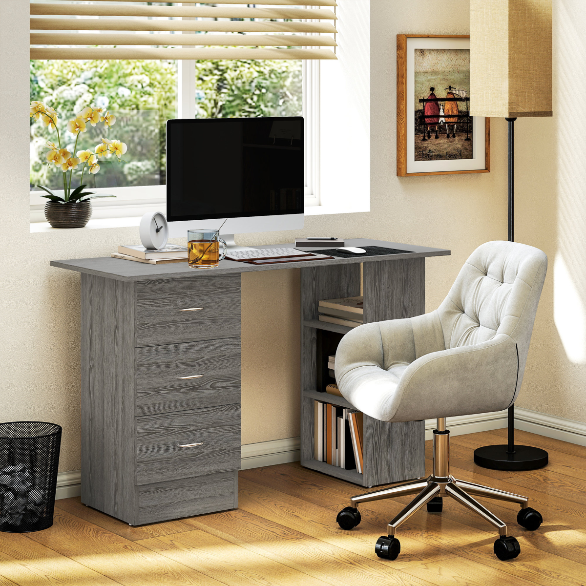 HOMCOM 120cm Computer Desk, Study Table with 3 Shelf & Drawers, Grey