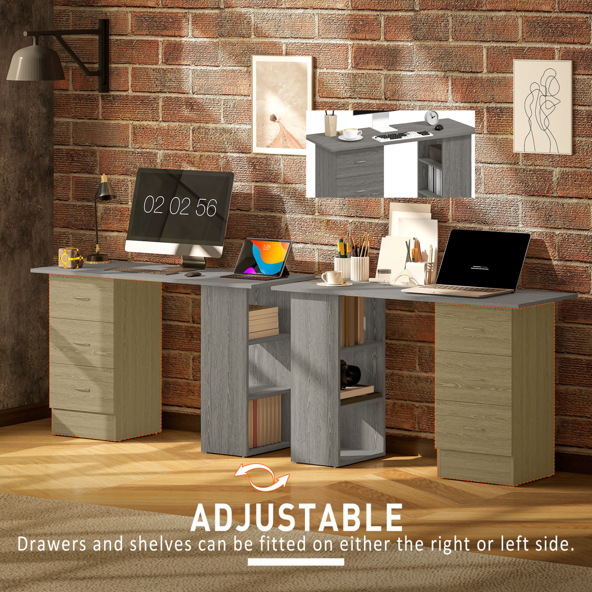 HOMCOM 120cm Computer Desk, Study Table with 3 Shelf & Drawers, Grey