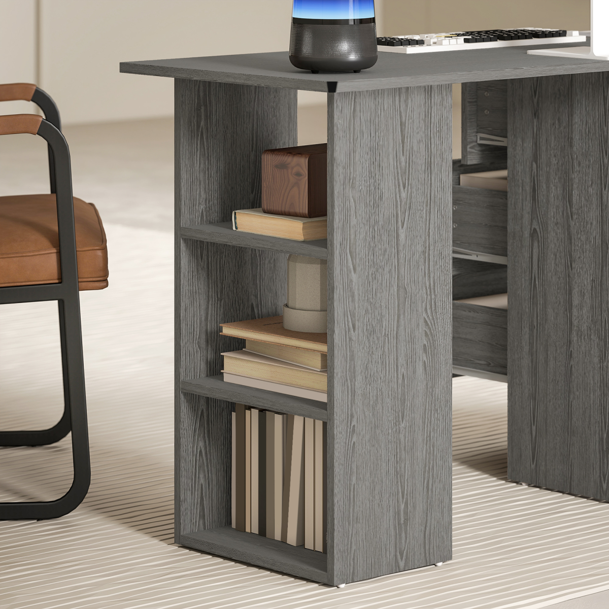 HOMCOM 120cm Computer Desk, Study Table with 3 Shelf & Drawers, Grey