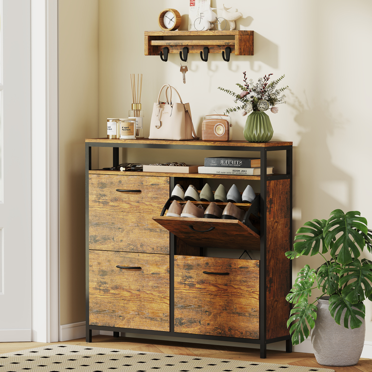 HOMCOM Shoe Cabinet with 4 Flip Drawers, Holds 12-20 Pairs, Cement Grey