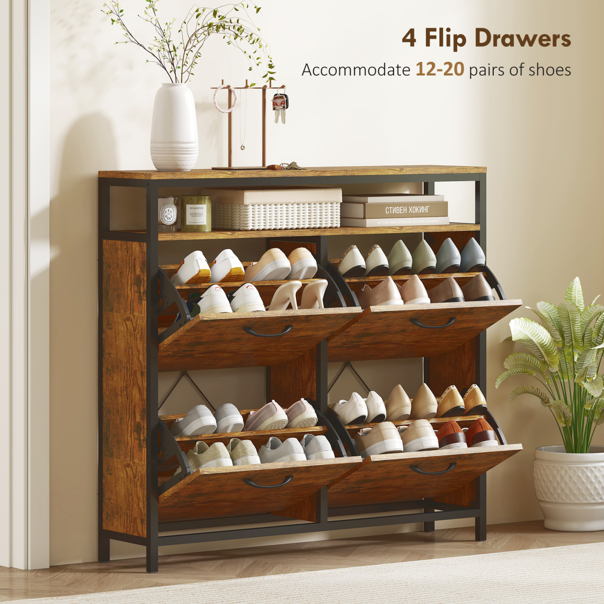 HOMCOM Shoe Cabinet with 4 Flip Drawers, Holds 12-20 Pairs, Cement Grey