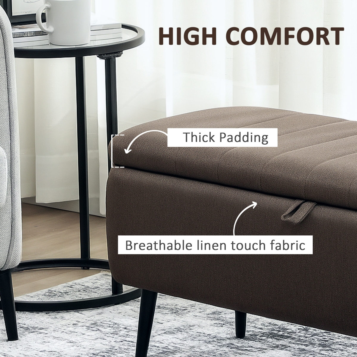 HOMCOM Storage Ottoman Bench, Linen Fabric Footstool with Steel Legs Blue