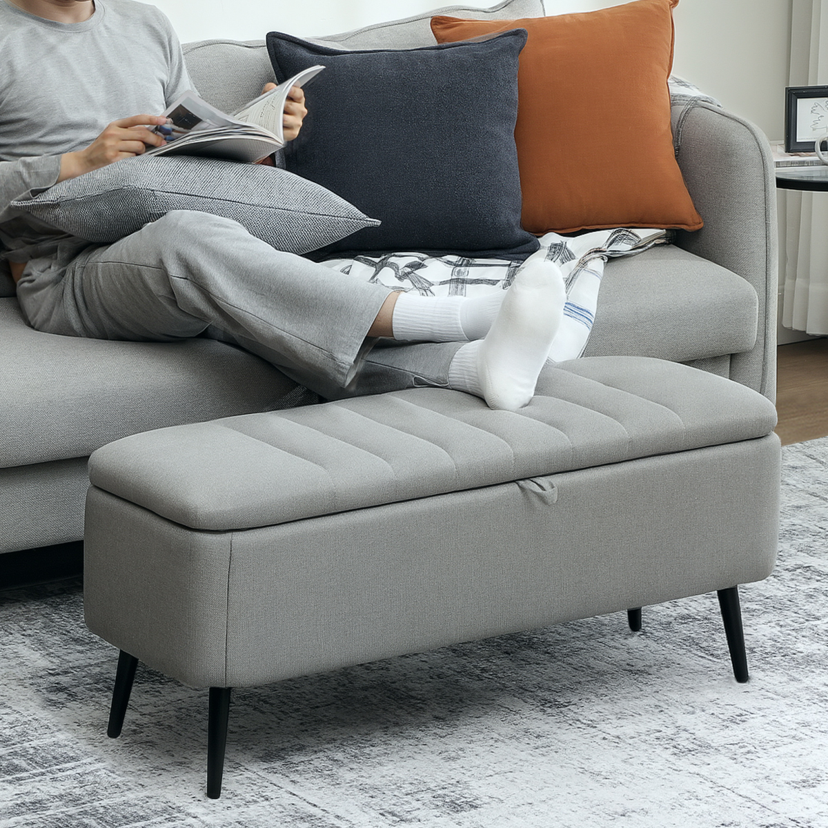 HOMCOM Storage Ottoman Bench, Linen Fabric Footstool with Steel Legs Blue