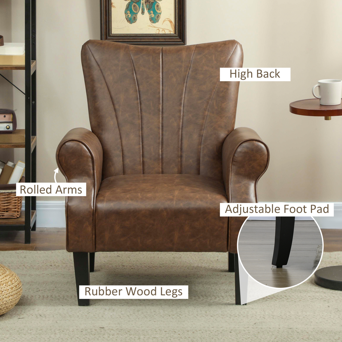 HOMCOM Upholstered Modern Accent Chair, Armchair with Wood Legs, Brown