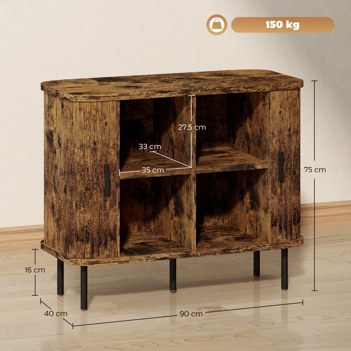HOMCOM Sideboard Storage Cabinet with Slatted Tambour Sliding Doors Grey