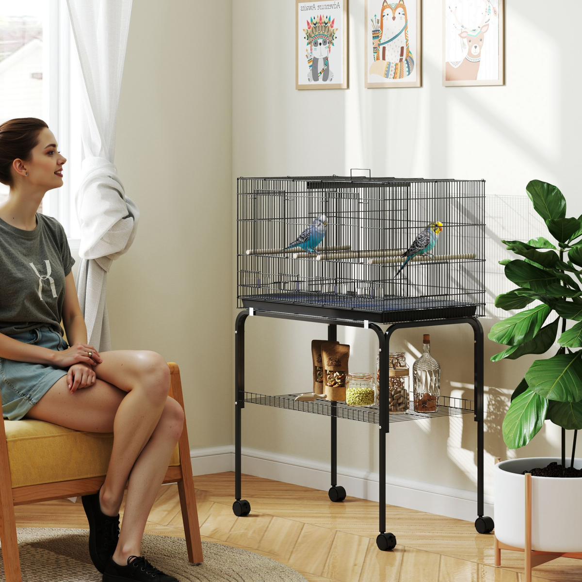 PawHut Bird Cage with Divider, 4 Wooden Perches, Slide Out Tray