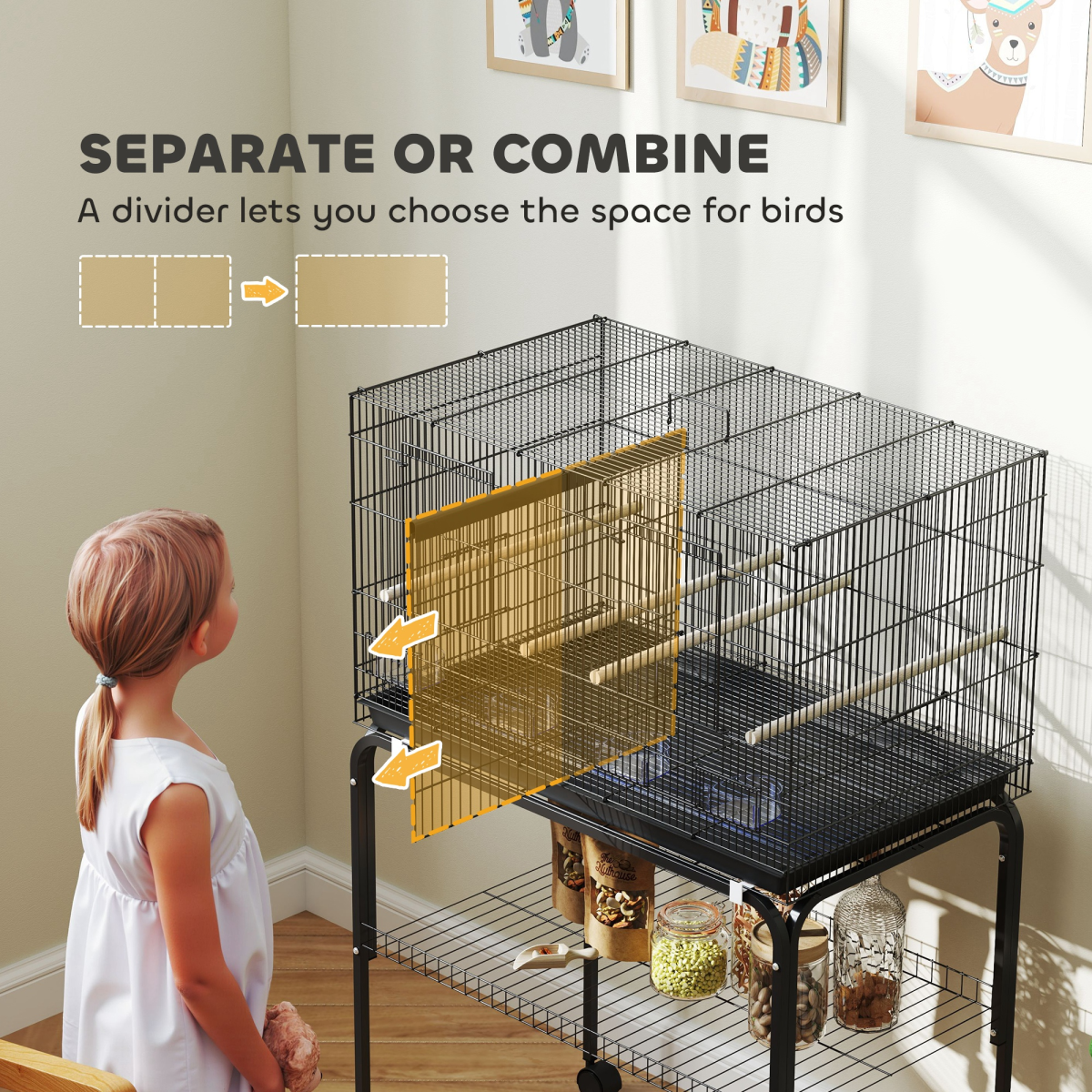 PawHut Bird Cage with Divider, 4 Wooden Perches, Slide Out Tray