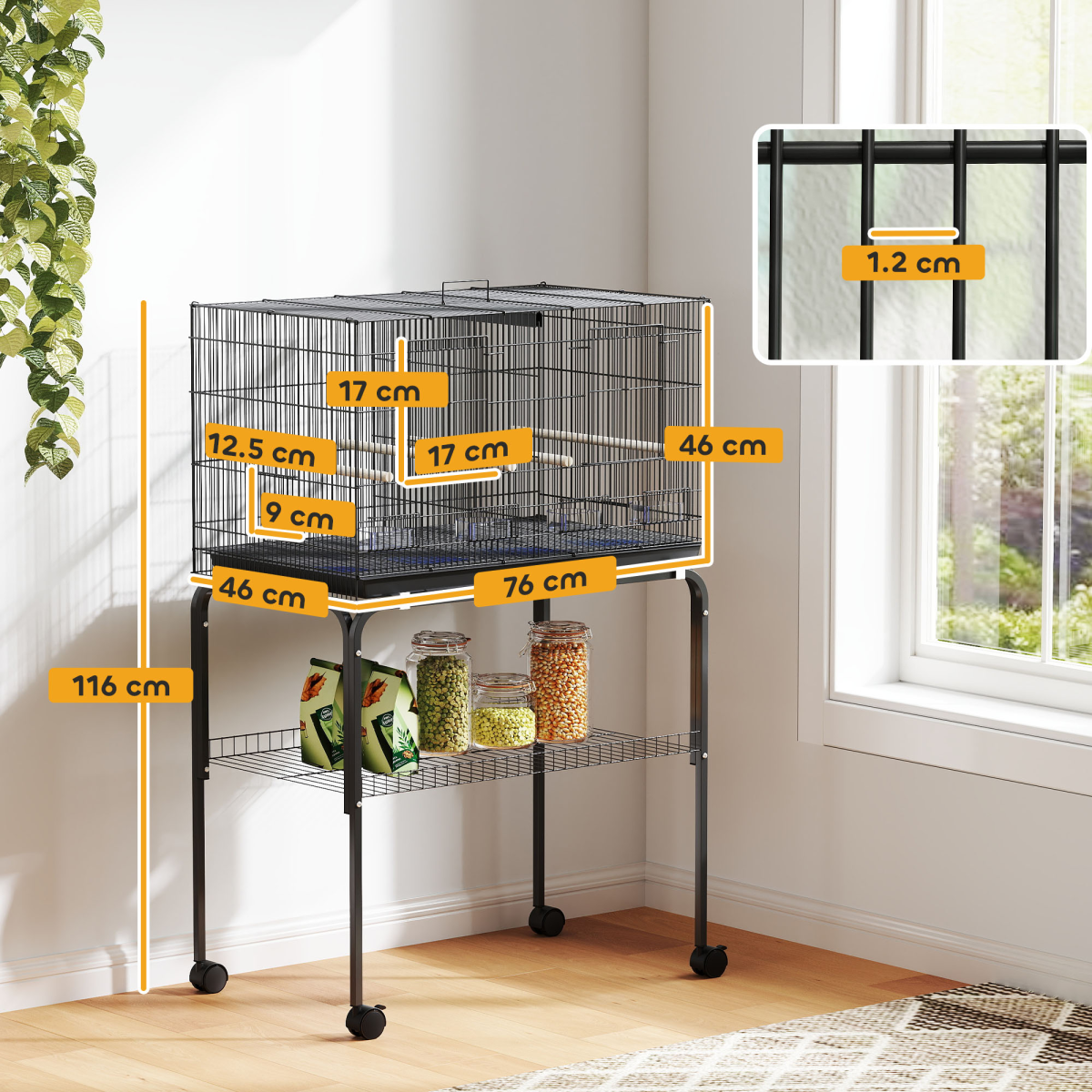 PawHut Bird Cage with Divider, 4 Wooden Perches, Slide Out Tray