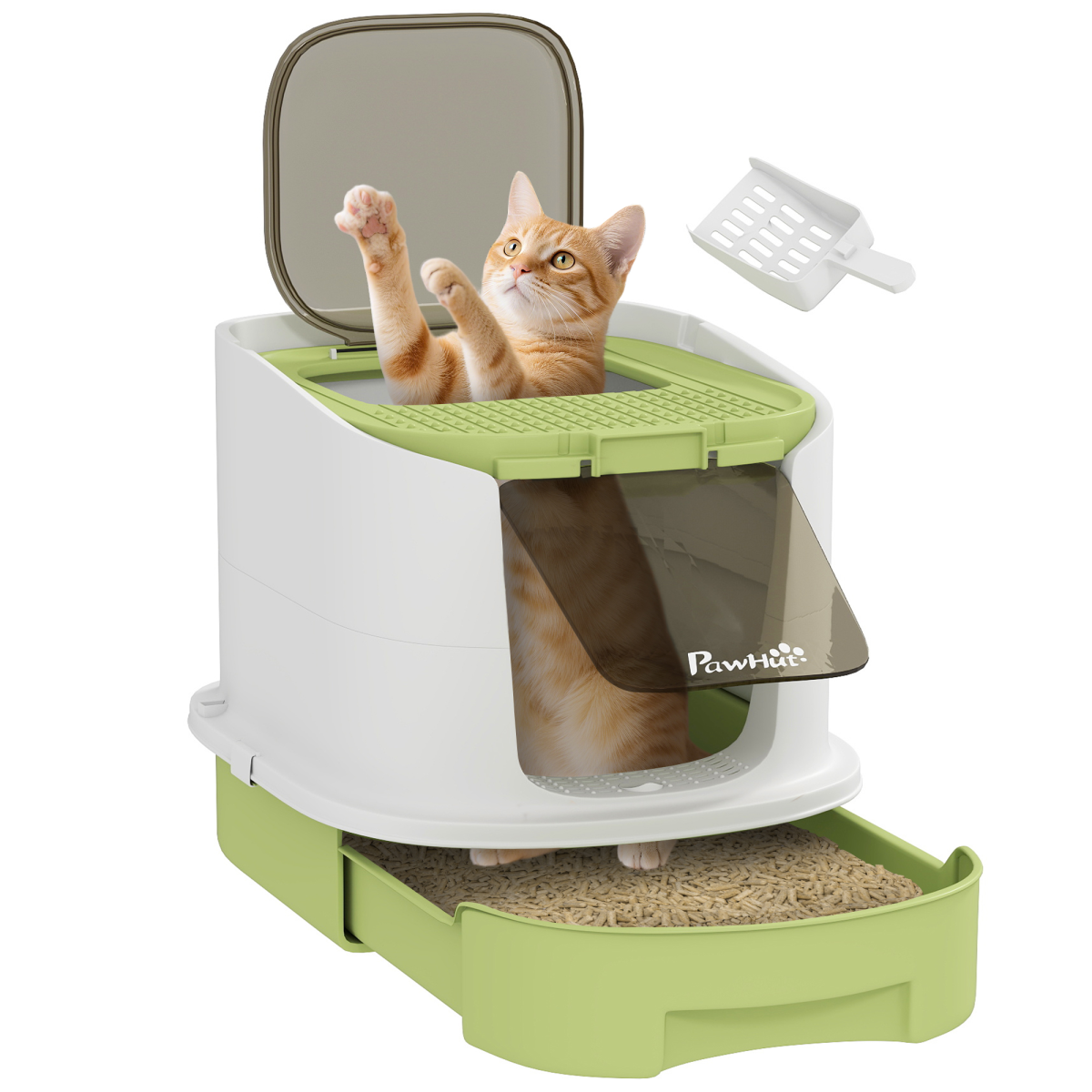 PawHut Cat Litter Box, Hooded Cat Litter Tray with Lid, Scoop