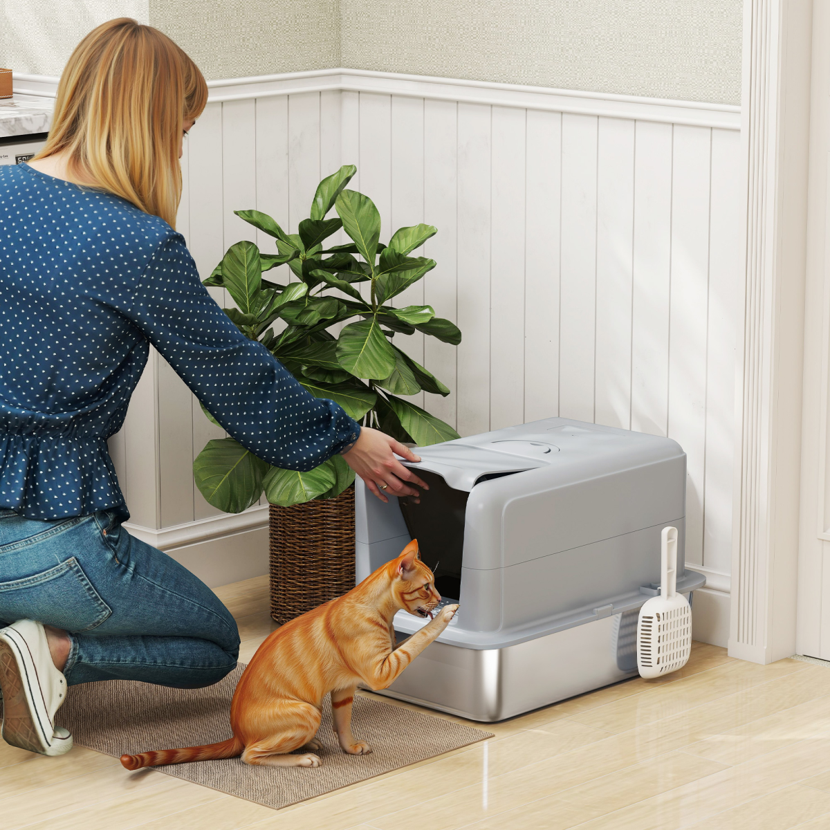 PawHut Stainless Steel Cat Litter Box with Removable Lid, Scoop
