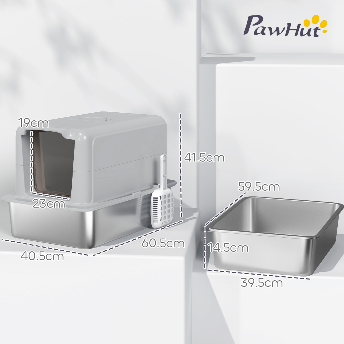 PawHut Stainless Steel Cat Litter Box with Removable Lid, Scoop