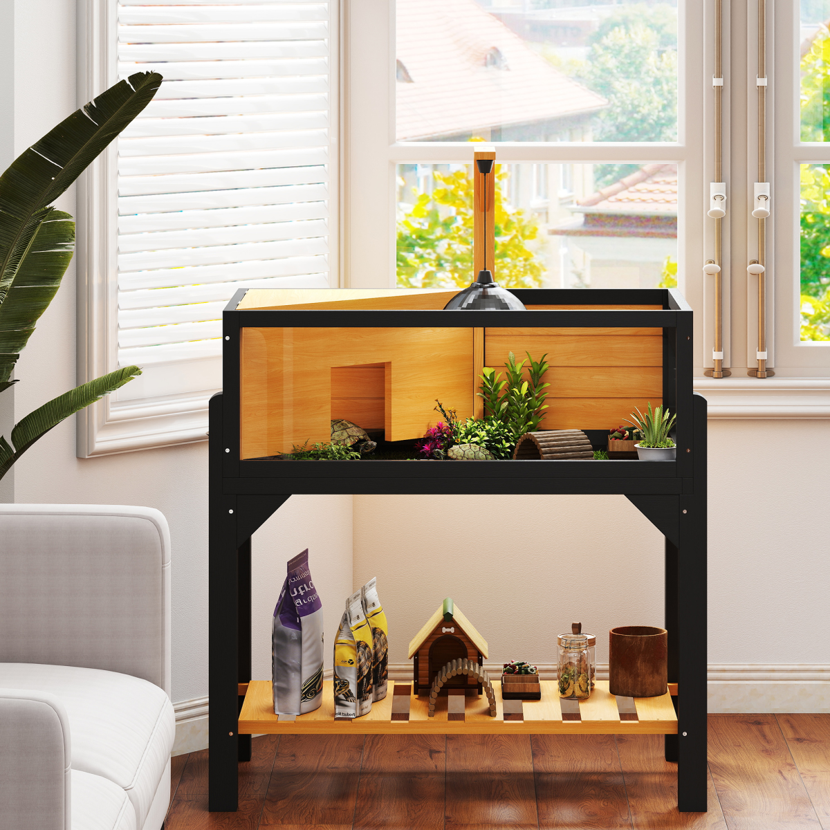 PawHut Wooden Tortoise House with Storage Shelf, Clear Observation Windows