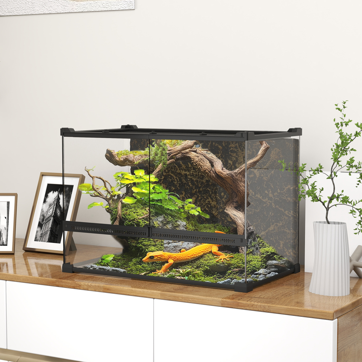 PawHut 10L Glass Terrarium, Reptile Vivarium with Stone Background