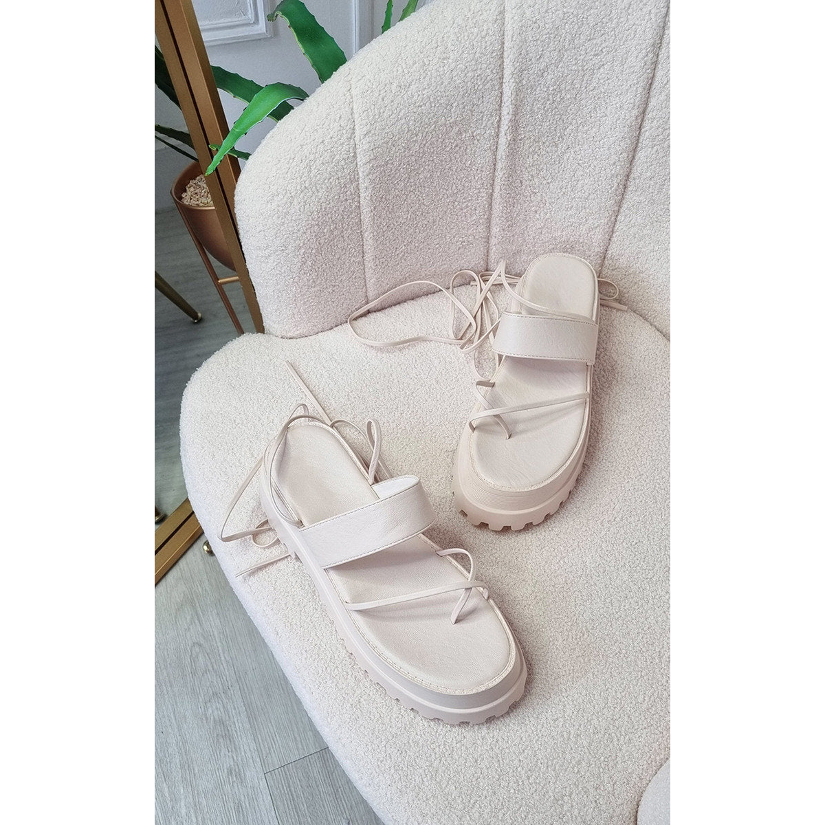 Faux Leather Strappy Lace Up Sandals