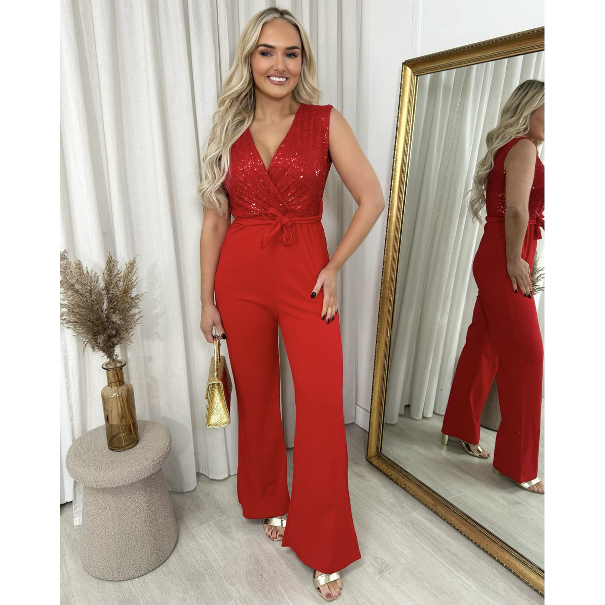 Elegant V-Neck Sequin Top Jumpsuit