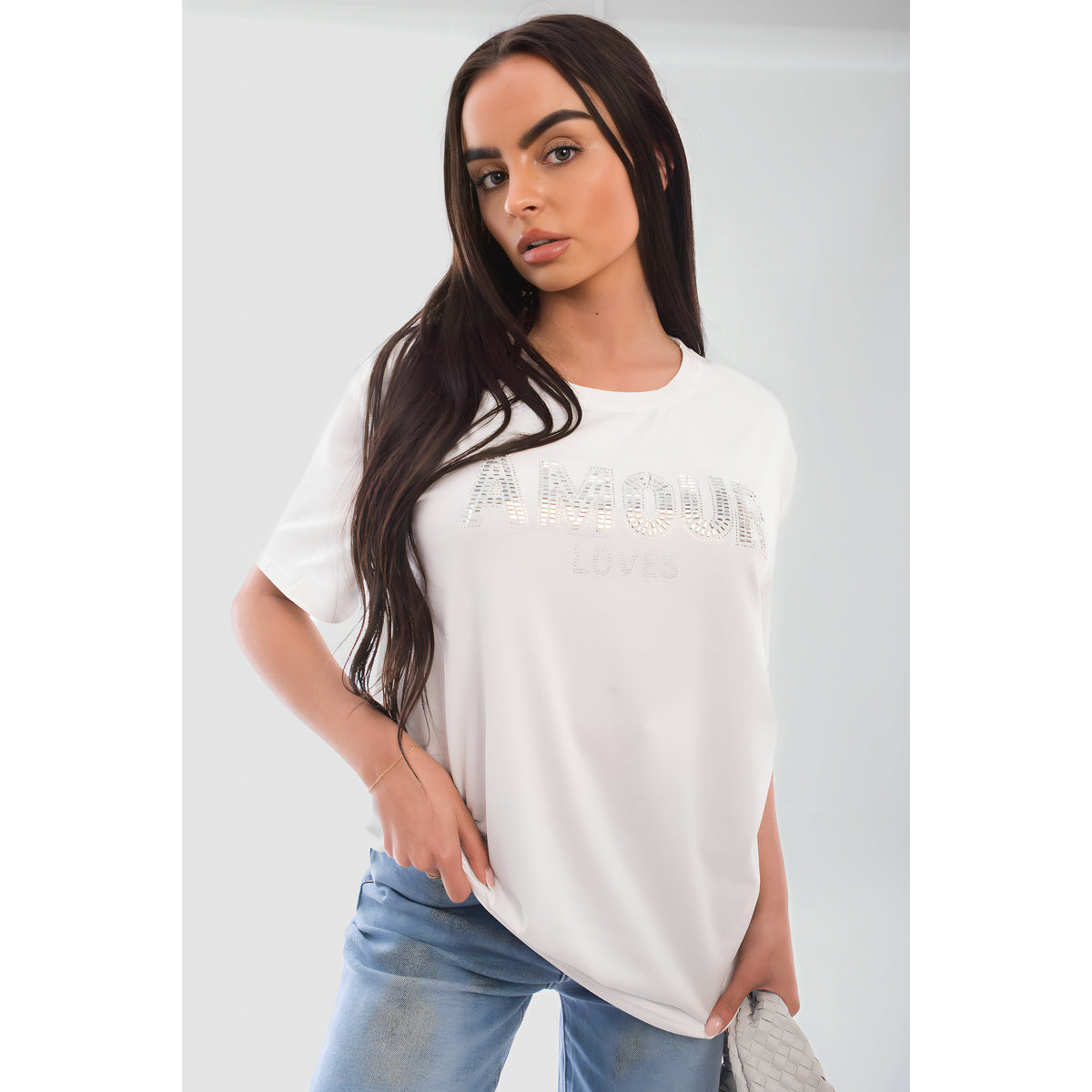 Amour Embellished Print Round Neck Top