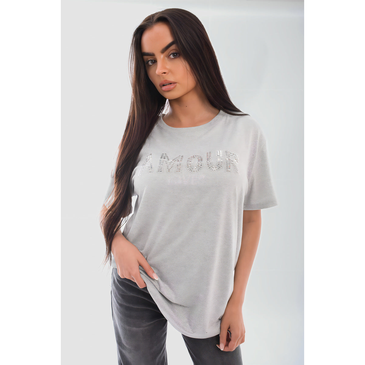Amour Embellished Print Round Neck Top