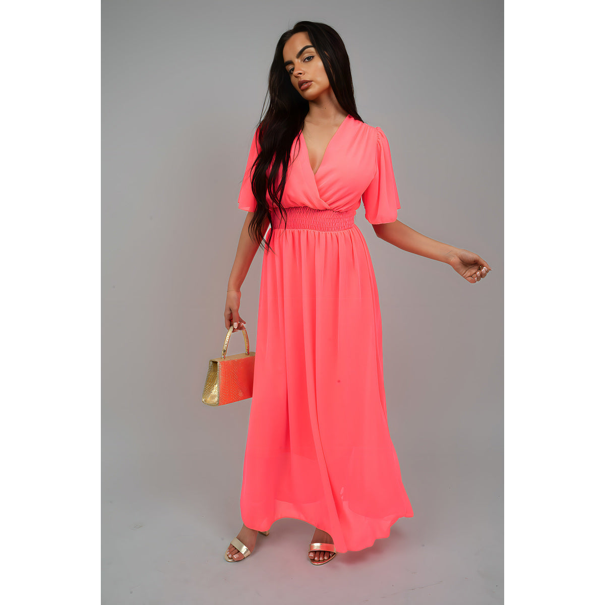 Smocked Waist V Neck Short Sleeve Flowy Maxi Dress