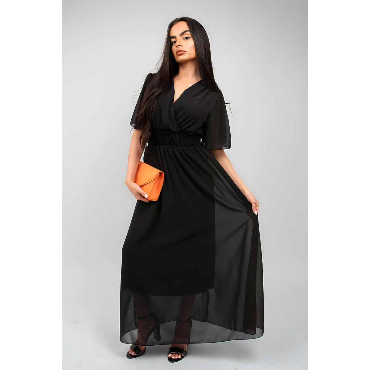 Smocked Waist V Neck Short Sleeve Flowy Maxi Dress