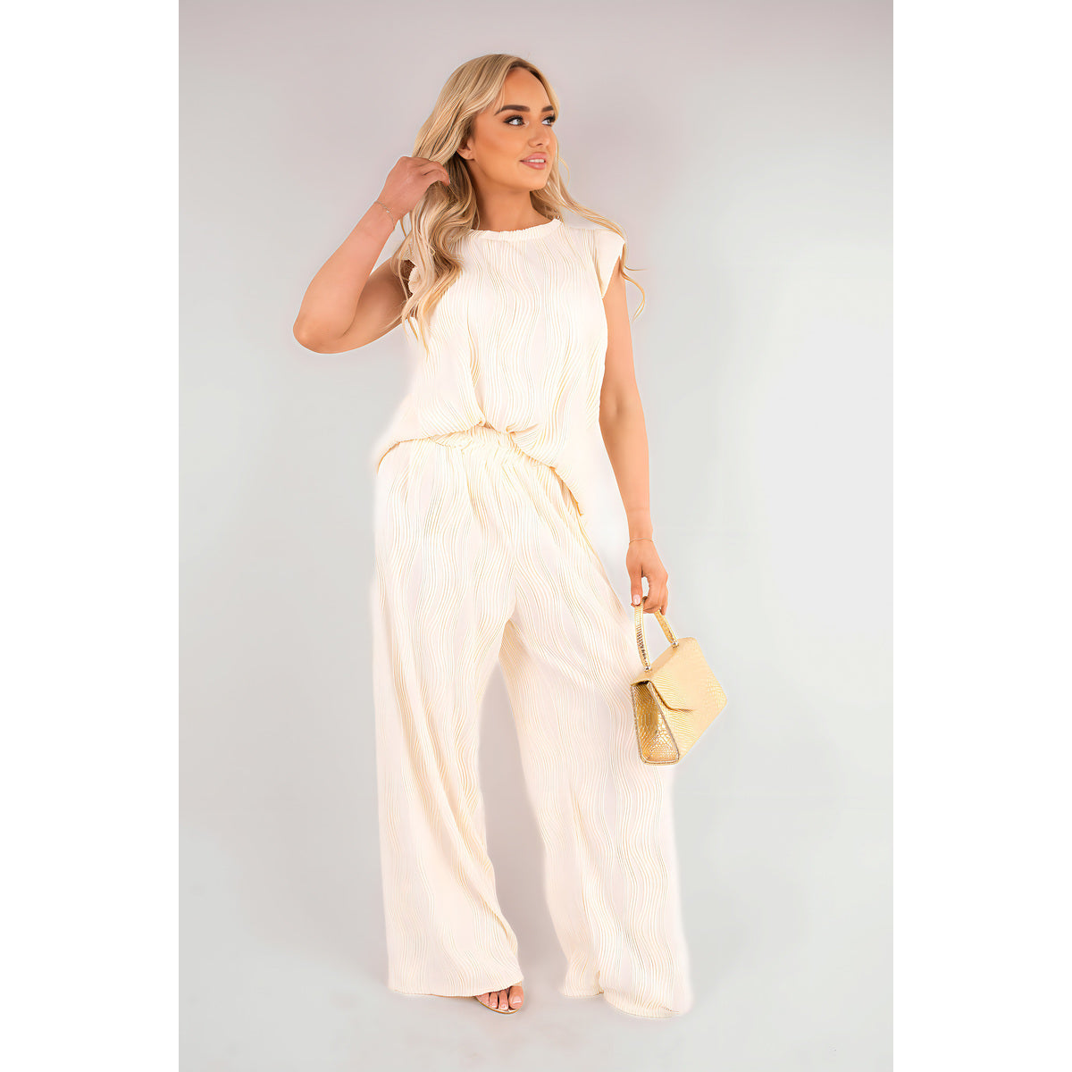 Textured Frill Sleeve Top & Wide Leg Trouser Co-ord Set