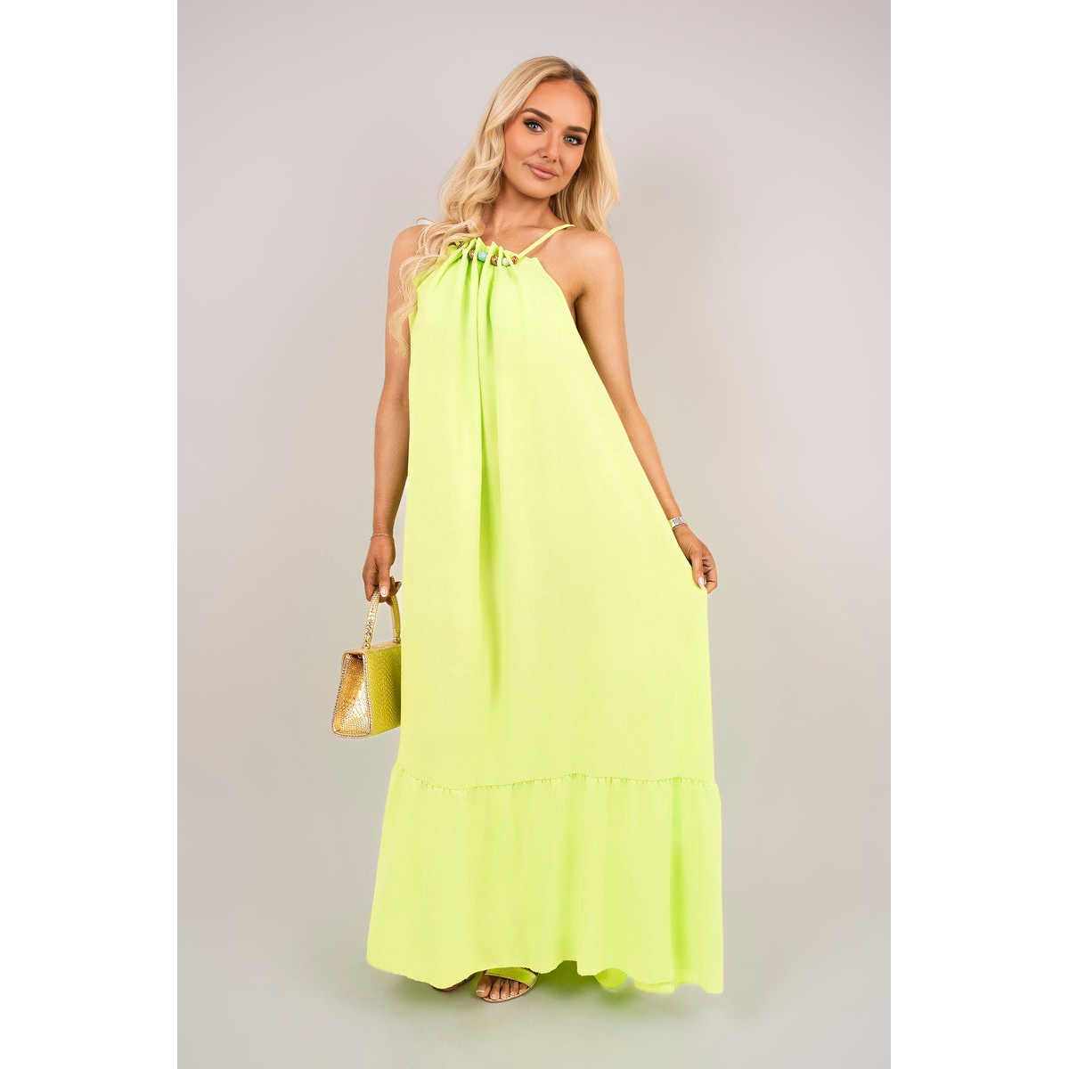 Sleeveless Beaded Halter Neck Maxi Dress with Tiered Hem
