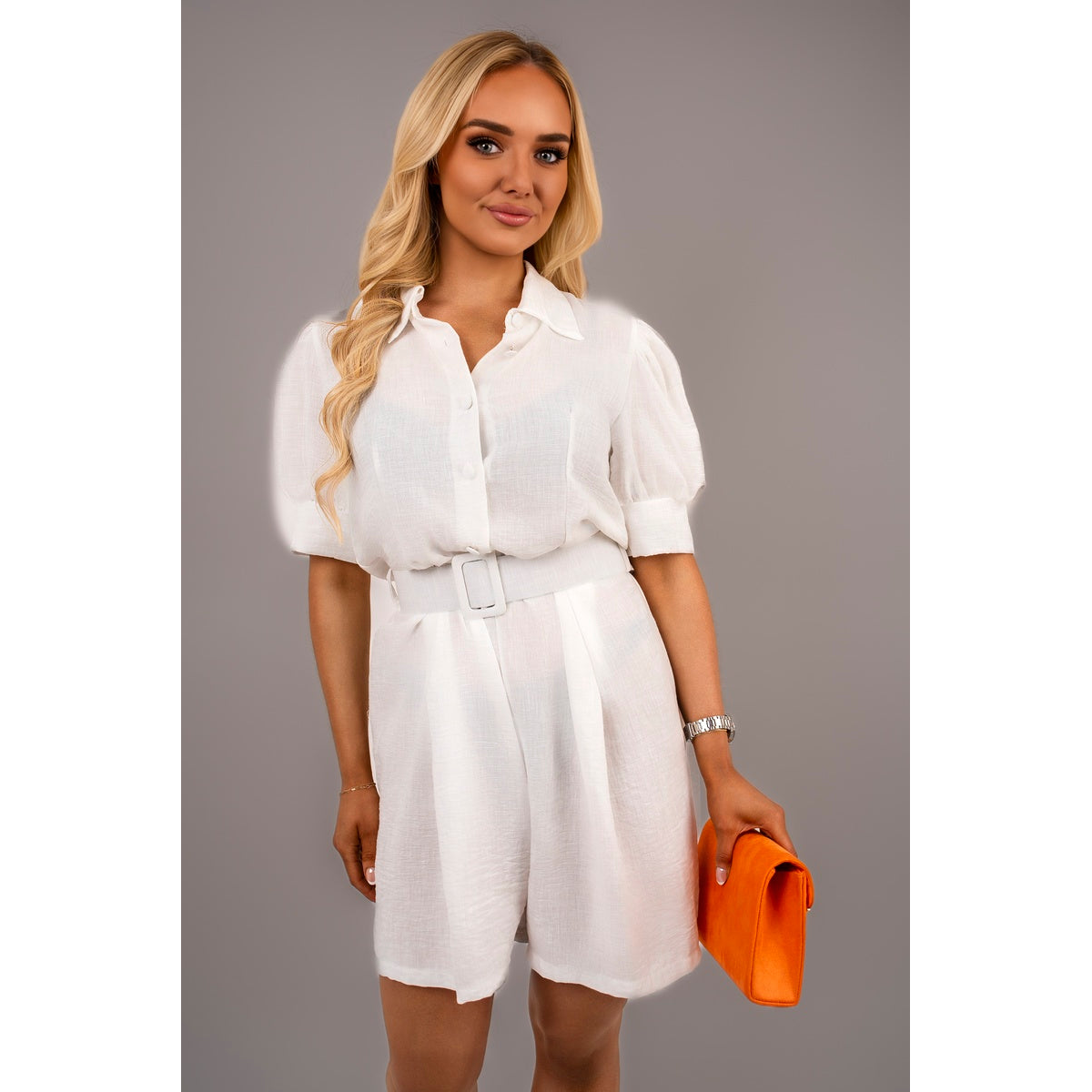 Collared Short Sleeve Playsuit with Belted Waist