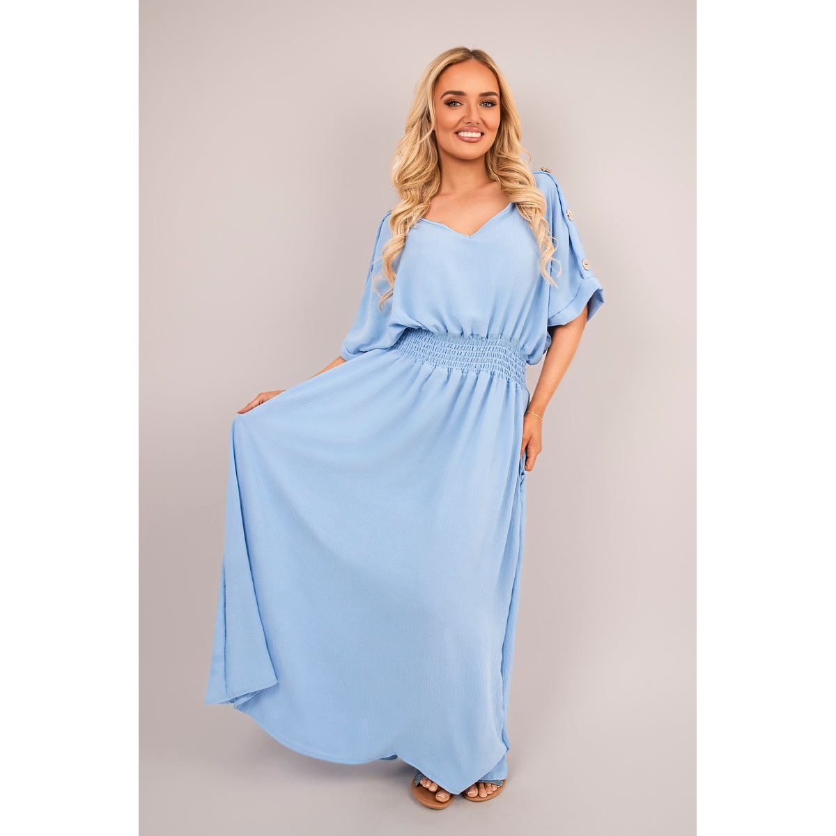 V Neck Short Sleeve Maxi Dress with Button Detail
