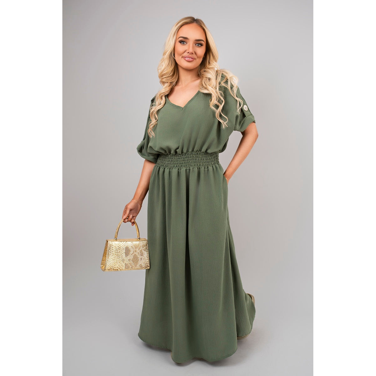 V Neck Short Sleeve Maxi Dress with Button Detail