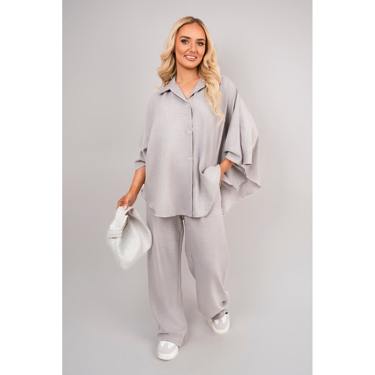 Button Down Long Sleeve Shirt and Wide Leg Trousers Co-ord Set