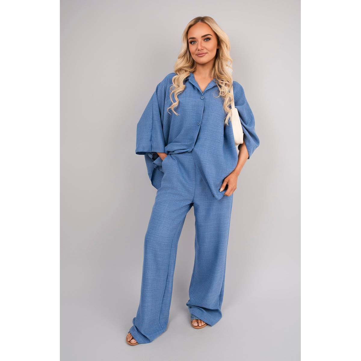 Button Down Long Sleeve Shirt and Wide Leg Trousers Co-ord Set